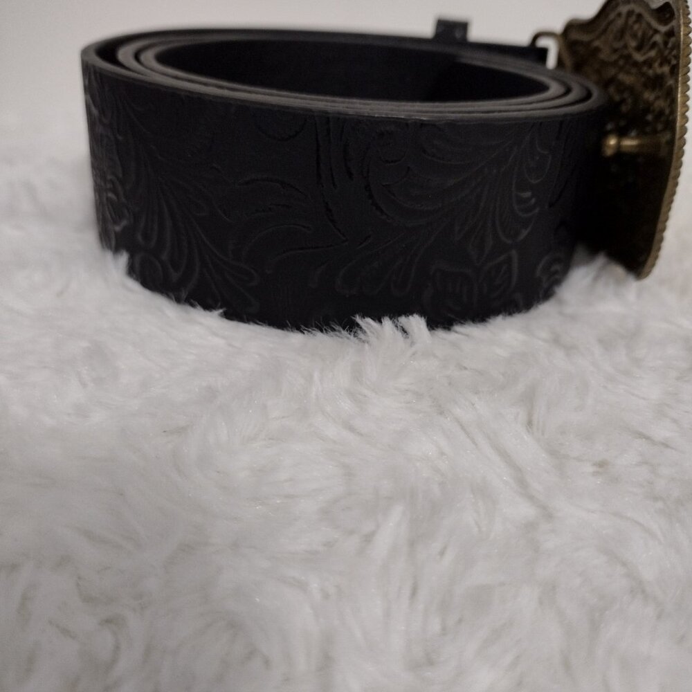 Western Longhorn Skull Statement Belt Engraved Gold Buckle Ranch Style - Picture 10 of 12